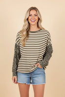 Heimish Mixed Pattern Striped And Leopard Patchwork Knit Top in Khaki/Sand