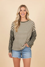 Load image into Gallery viewer, Heimish Mixed Pattern Striped And Leopard Patchwork Knit Top in Khaki/Sand
