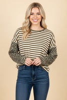 Heimish Mixed Pattern Striped And Leopard Patchwork Knit Top in Khaki/Sand