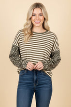 Load image into Gallery viewer, Heimish Mixed Pattern Striped And Leopard Patchwork Knit Top in Khaki/Sand
