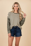 Heimish Mixed Pattern Striped And Leopard Patchwork Knit Top in Khaki/Sand