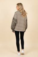 Heimish Mixed Pattern Striped And Leopard Patchwork Knit Top in Khaki/Sand