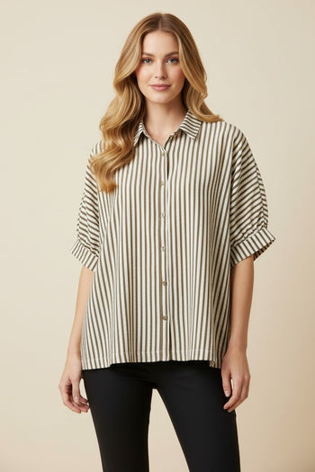 Heimish Pinstripe Short Sleeve Button Down Shirt in Mocha