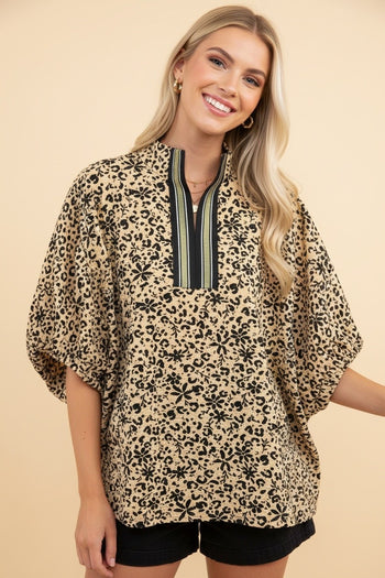 Heimish Animal Print V-neck Blouse With Contrast Trim in Taupe