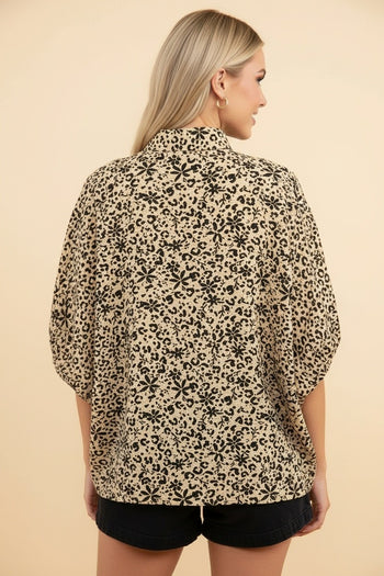Heimish Animal Print V-neck Blouse With Contrast Trim in Taupe