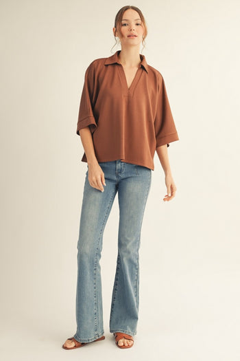 Jodifl Solid Color Collared V Neck Top in Brown ON ORDER