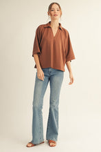 Load image into Gallery viewer, Jodifl Solid Color Collared V Neck Top in Brown ON ORDER
