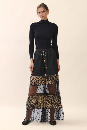 Oddi Mixed Print Tired Pants in Black Leopard Combo
