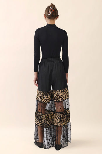Oddi Mixed Print Tired Pants in Black Leopard Combo
