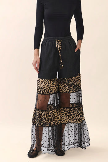 Oddi Mixed Print Tired Pants in Black Leopard Combo