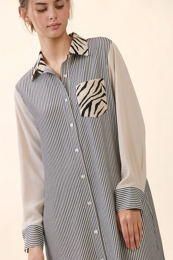 Oddi Striped Shirt Dress in Taupe Ivory