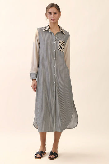 Oddi Striped Shirt Dress in Taupe Ivory
