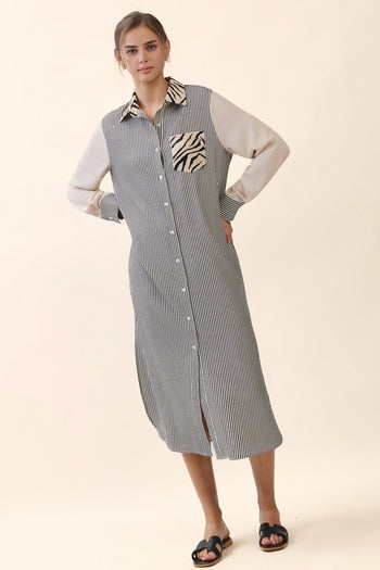 Oddi Striped Shirt Dress in Taupe Ivory