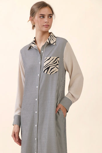 Oddi Striped Shirt Dress in Taupe Ivory