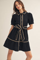 Jodifl Scallop Trim Accent Button Down Babydoll Dress in Black