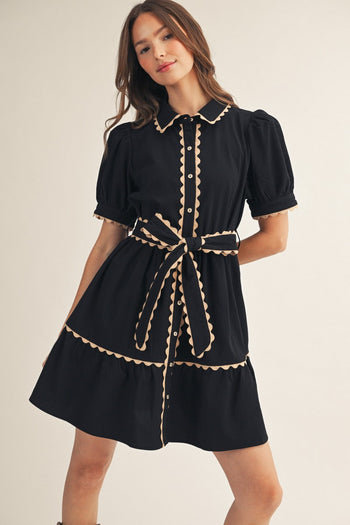 Jodifl Scallop Trim Accent Button Down Babydoll Dress in Black