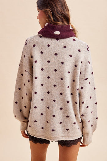AnnieWear Polka Dot Shawl Scarf Oversize Sweater Cardigan in Oatmeal/Merlot