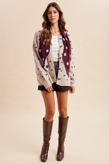 AnnieWear Polka Dot Shawl Scarf Oversize Sweater Cardigan in Oatmeal/Merlot
