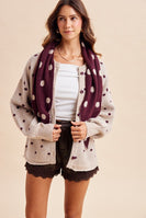 AnnieWear Polka Dot Shawl Scarf Oversize Sweater Cardigan in Oatmeal/Merlot