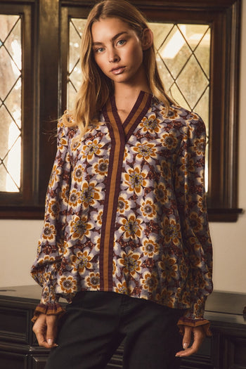 Oddi Floral Print Blouse in Burgundy