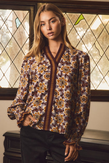 Oddi Floral Print Blouse in Burgundy
