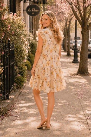 Sew in Love Floral Mini Dress with Contrasting Stripe Detail in Ivory/Lavender