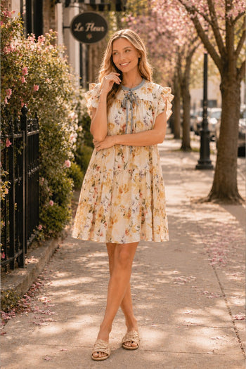 Sew in Love Floral Mini Dress with Contrasting Stripe Detail in Ivory/Lavender 1XL at June Adel