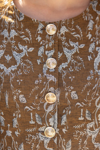 VOY Gold Button Down Floral Jacquard Top in Brown