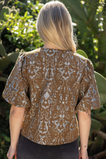 VOY Gold Button Down Floral Jacquard Top in Brown