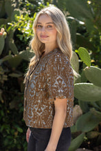 Load image into Gallery viewer, VOY Gold Button Down Floral Jacquard Top in Brown
