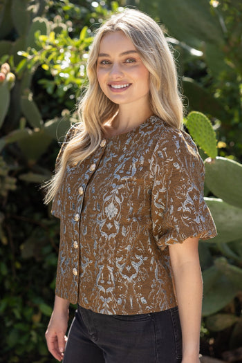VOY Gold Button Down Floral Jacquard Top in Brown