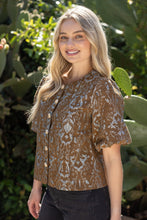Load image into Gallery viewer, VOY Gold Button Down Floral Jacquard Top in Brown

