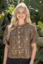 Load image into Gallery viewer, VOY Gold Button Down Floral Jacquard Top in Brown
