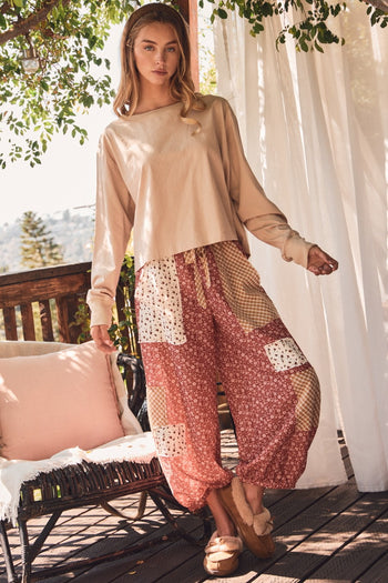 Oddi Floral Patchwork Printed Balloon Pants in Chili Pepper