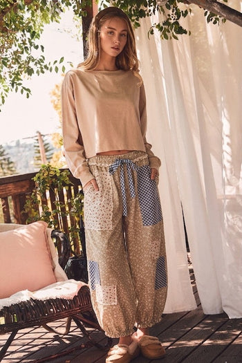 Oddi Floral Patchwork Printed Balloon Pants in Light Taupe