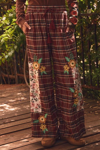 Oddi Plaid Patchwork Wide Leg Pants in Red Plaid