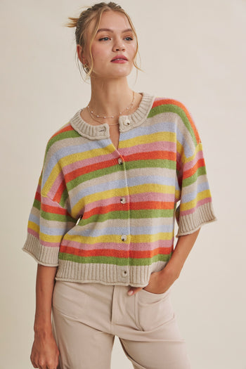 In February Multicolor Stripe Short Sleeve Sweater Cardigan in Natural Multi