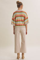 In February Multicolor Stripe Short Sleeve Sweater Cardigan in Natural Multi