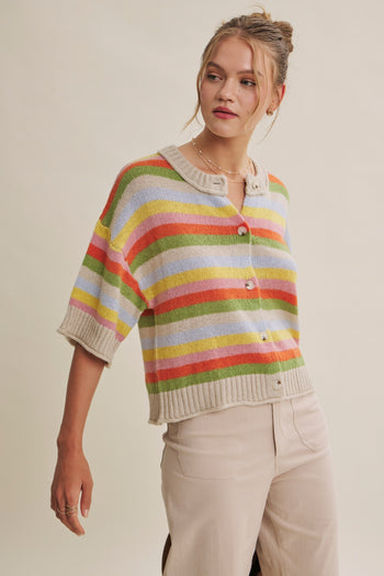 In February Multicolor Stripe Short Sleeve Sweater Cardigan in Natural Multi