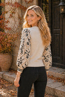 Sew in Love Relaxed Fit Knit Sweater V-neckline With Embroidered Sleeves in Oatmeal/Navy