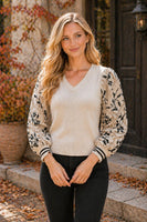 Sew in Love Relaxed Fit Knit Sweater V-neckline With Embroidered Sleeves in Oatmeal/Navy