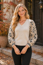 Load image into Gallery viewer, Sew in Love Relaxed Fit Knit Sweater V-neckline With Embroidered Sleeves in Oatmeal/Navy
