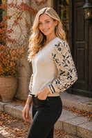 Sew in Love Relaxed Fit Knit Sweater V-neckline With Embroidered Sleeves in Oatmeal/Navy