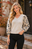 Sew in Love Relaxed Fit Knit Sweater V-neckline With Embroidered Sleeves in Oatmeal/Navy