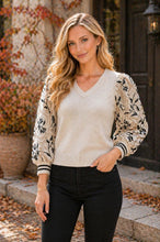 Load image into Gallery viewer, Sew in Love Relaxed Fit Knit Sweater V-neckline With Embroidered Sleeves in Oatmeal/Navy
