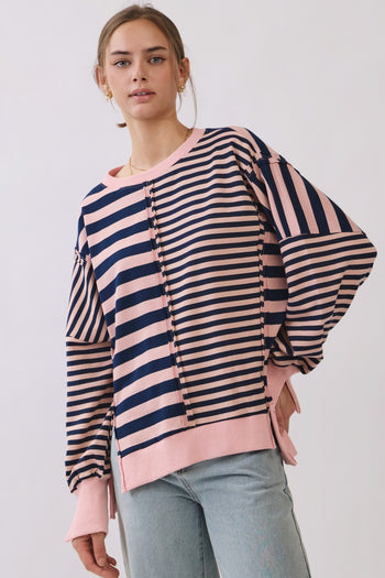 Oddi Mixed Stripe Pullover Sweatshirt in Pink Navy Combo