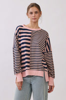 Oddi Mixed Stripe Pullover Sweatshirt in Pink Navy Combo