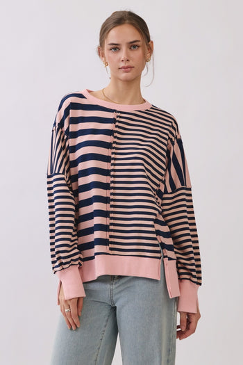 Oddi Mixed Stripe Pullover Sweatshirt in Pink Navy Combo
