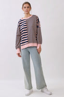 Oddi Mixed Stripe Pullover Sweatshirt in Pink Navy Combo