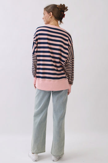 Oddi Mixed Stripe Pullover Sweatshirt in Pink Navy Combo